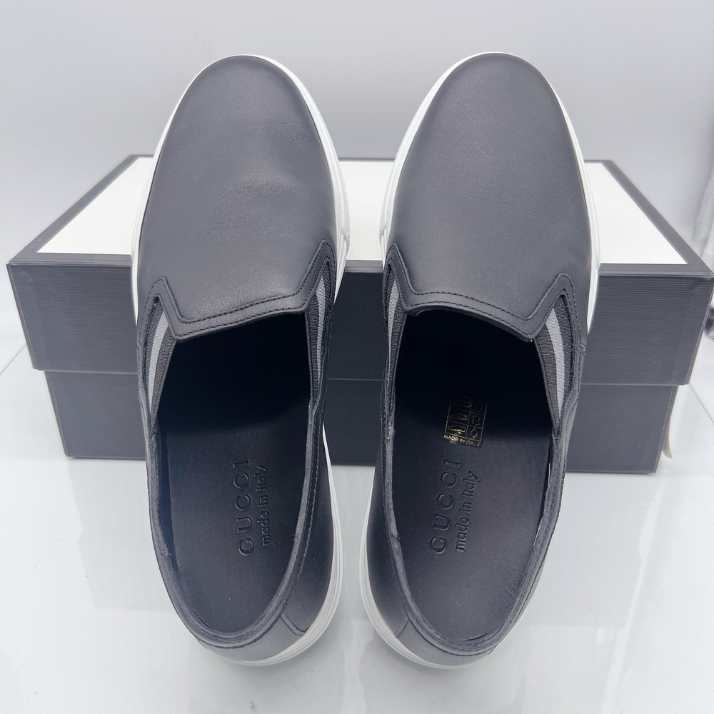 Gucci Signature Web Sneakers Loafers Black Leather Slip On UK 8 US 8.5 - Picture 12 of 14